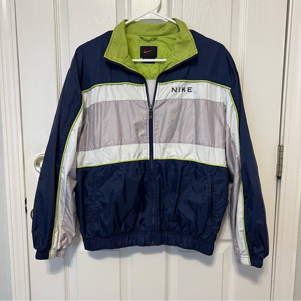 VINTAGE Nike 90’s Blue/Gray/Lime Reflective Full Zip Windbreaker Size Small